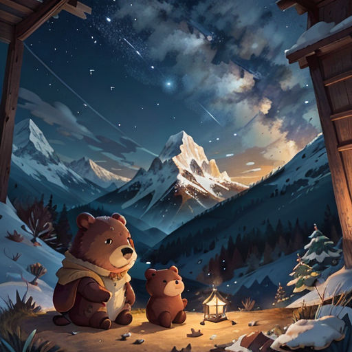 a couple of bears sitting on top of a snow covered ground next to a forest filled with trees and a mountain