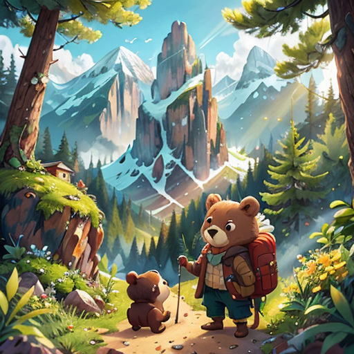 a bear and a bear cub are walking through a forest with mountains in the background and a mountain range in the distance