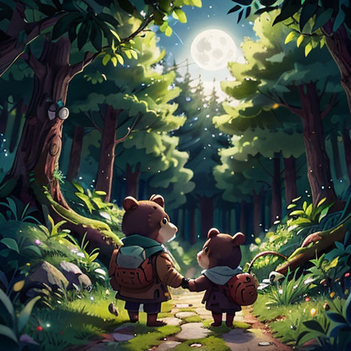 two teddy bears walking in the woods towards a full moon sky with trees and a path leading to them