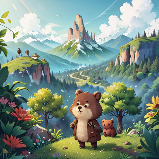 a bear and a bear cub are standing in the forest with mountains in the background and a path leading to them