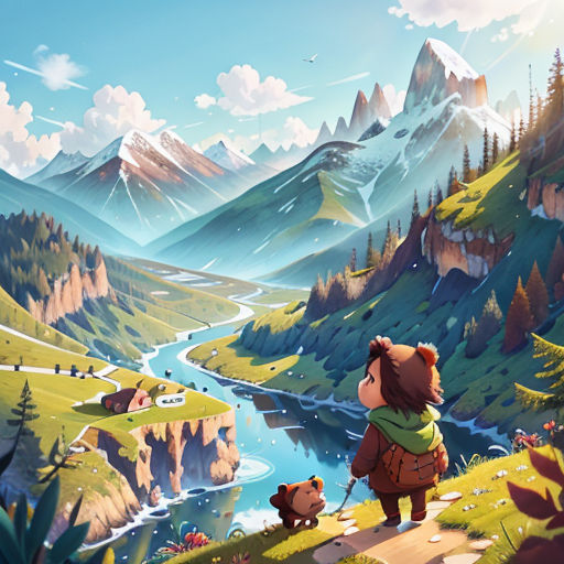 a painting of a bear and a bear cub looking at a mountain valley with a river running through it