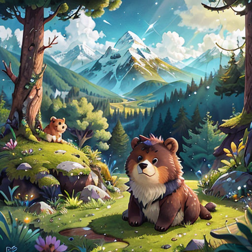 a bear and a squirrel in a forest with mountains and stars in the sky above them, and a forest with trees and flowers, and a mountain with a forest,
