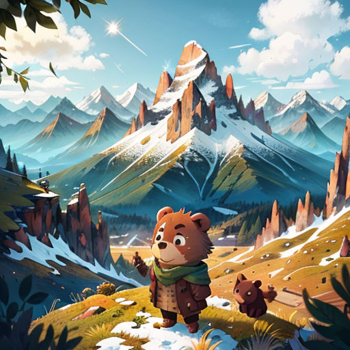 a bear in a scarf is standing in the snow in front of a mountain range with a bear cub