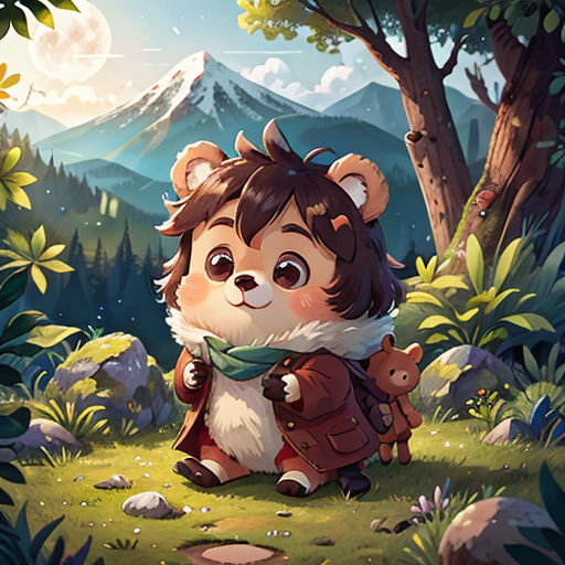 a cartoon bear with a scarf around its neck sitting in the grass near a forest with a mountain in the background