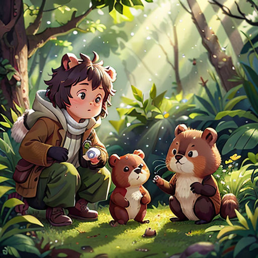a boy kneeling down next to two bears in a forest with a forest background and a forest scene with a boy holding a magnifying glass