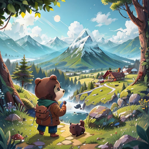 a bear and a bear cub are standing in the woods looking at a mountain landscape with a stream and a cabin
