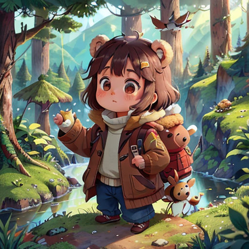 a girl with a bear on her back in the woods with a bear on her shoulder and a bear on her shoulder