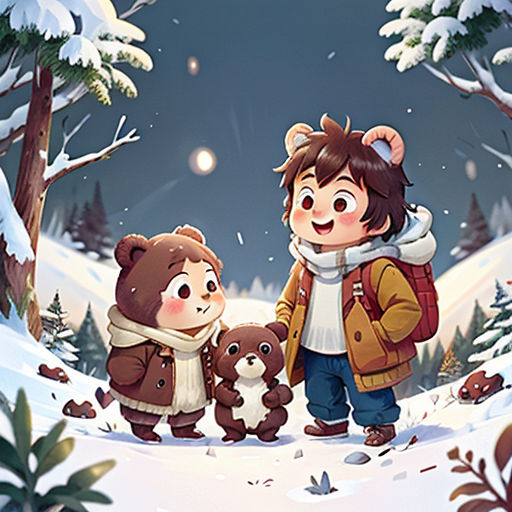 a boy and a girl are walking through the snow with a bear and a bear cub in their arms