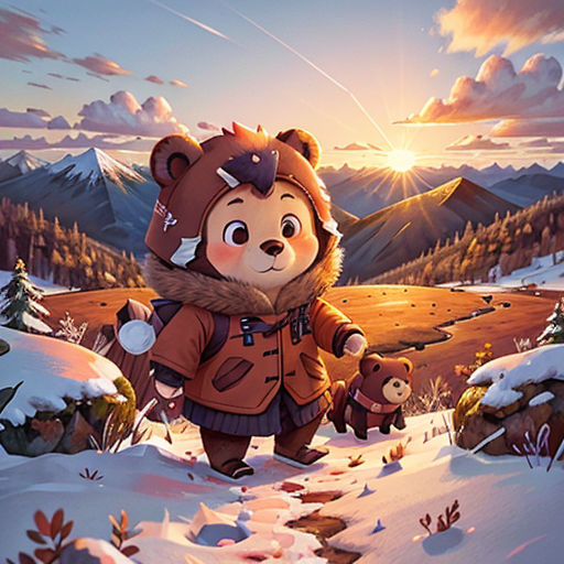 a bear in a brown jacket walking through a snow covered field with a bear on his back and a mountain in the background