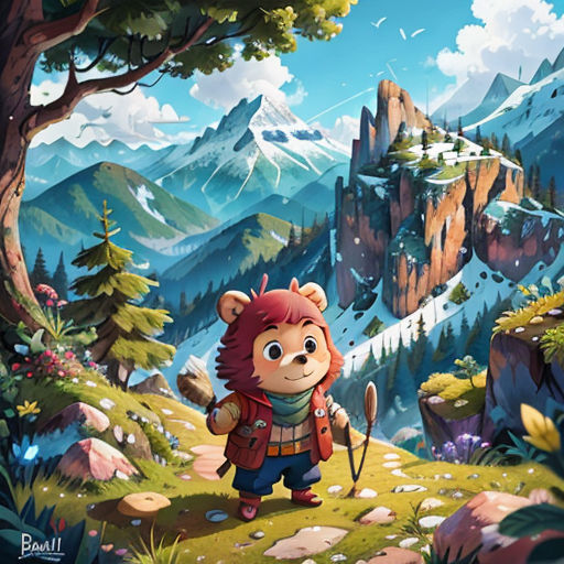 a bear is walking through a mountain landscape with a bow in his hand and a bear is standing on a hill