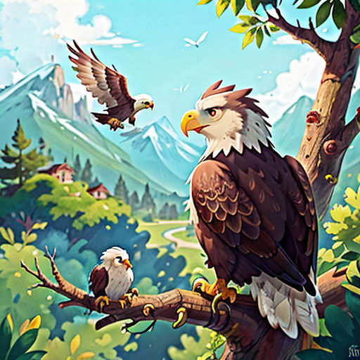 a painting of two birds perched on a tree branch in a mountainous area with mountains in the background and a bird flying over the branch