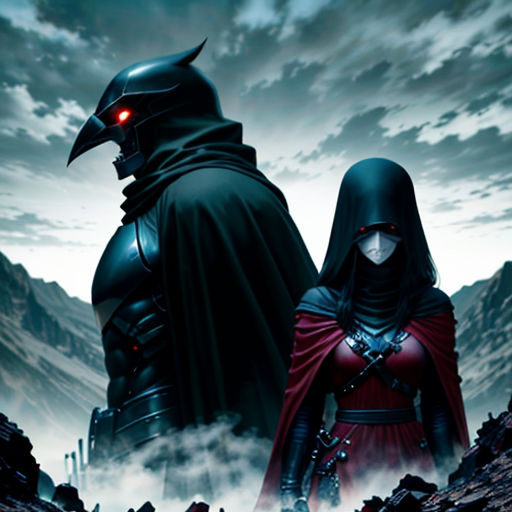 a couple of people standing next to each other in front of a mountain range with a sky background and clouds