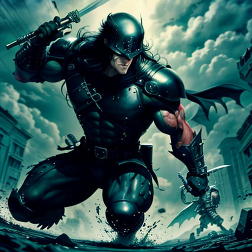 a man in a black suit holding a sword in his hand and a city in the background with clouds