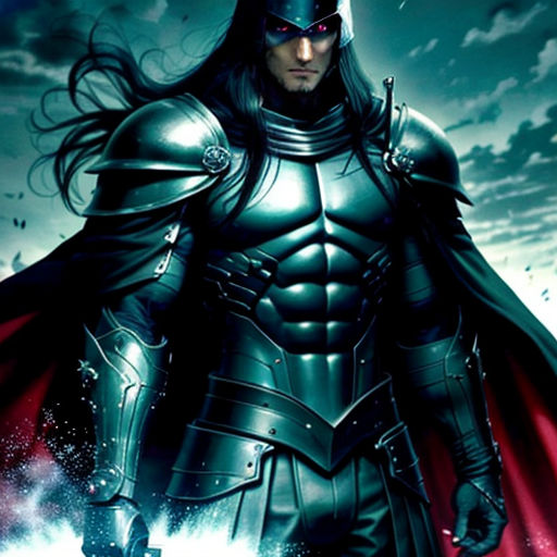 a man in a suit of armor with a sword and a sword in his hand, standing in front of a cloudy sky