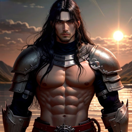 a man in armor standing in front of a lake with a sunset behind him and a sword in his hand
