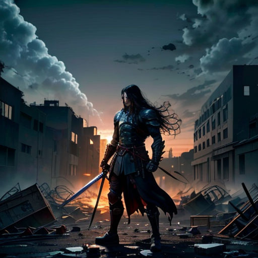 a woman in a dark city holding a sword and standing in the middle of a destroyed area with buildings in the background