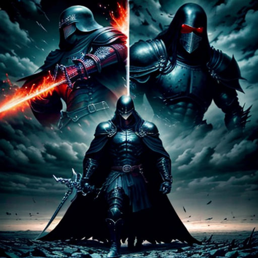 two knights standing in front of a dark sky with lightnings and clouds behind them, one of them is holding a sword