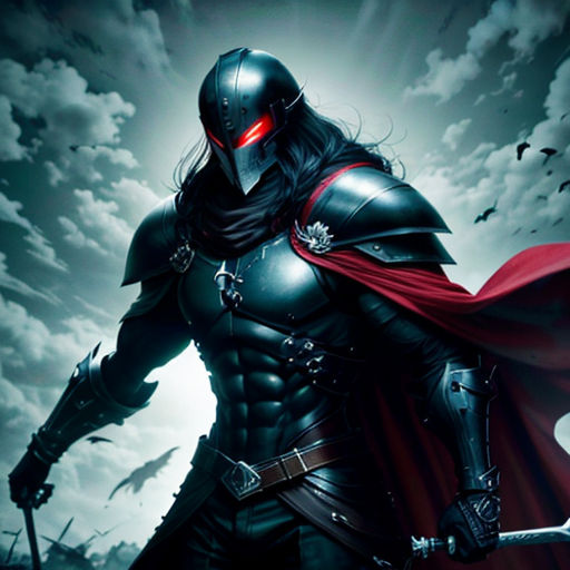 a man in a black suit with a red cape and sword in his hand, standing in front of a cloudy sky