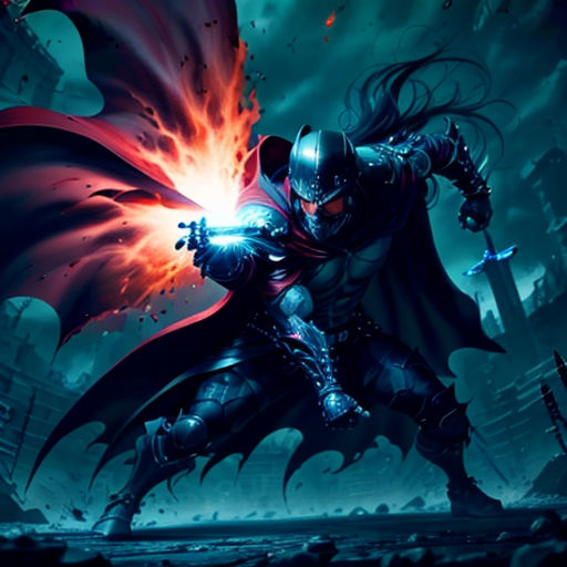 a man in a suit with a sword in his hand and a demon on his back, in a cityscape