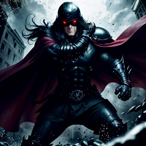 a man in a black suit with a red cape and red eyes standing in the snow with a sword