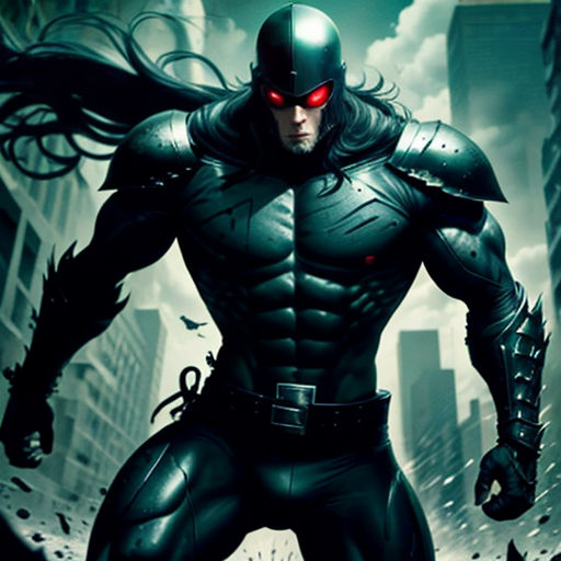 a man in a black suit and red eyes standing in a city with a bat on his chest and a bat on his shoulder