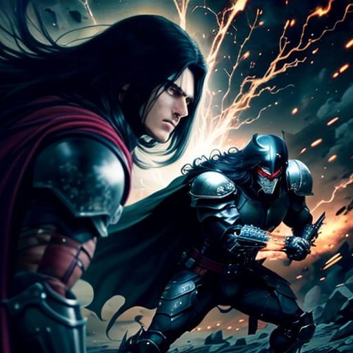 a man in armor holding a sword in front of a demon with lightning behind him and a man in a red cape