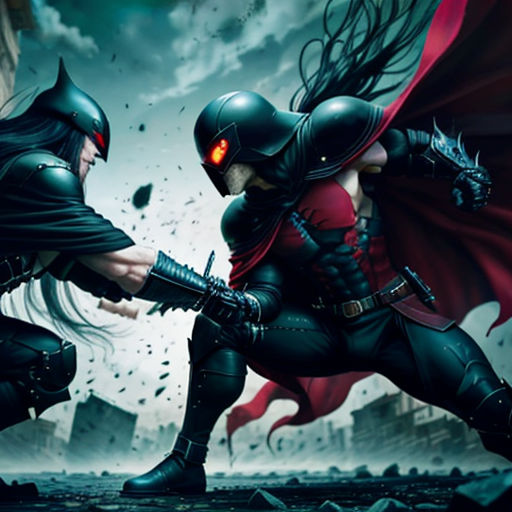 two people in black and red costumes fighting with each other in a city street with a sky background and a red light