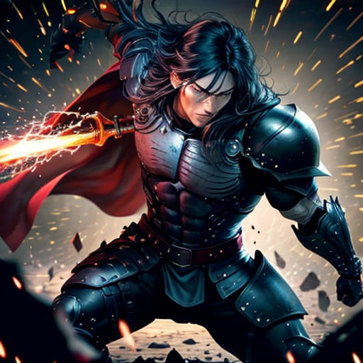 a man in a black suit holding a sword in his hand and a red cape on his head, with a black background