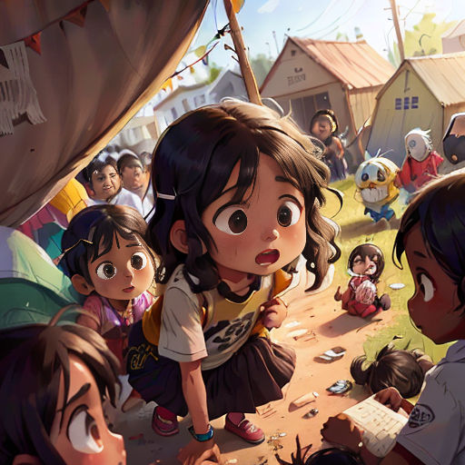 a group of children standing around a group of people in a field with a dog on the ground and a man holding a dog