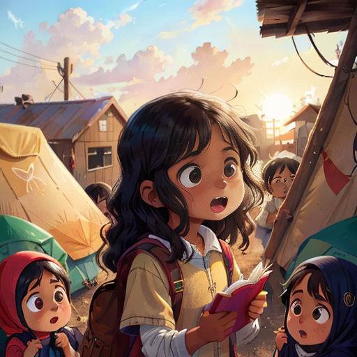a group of children standing around a tent with tents in the background and a girl holding a book in her hand