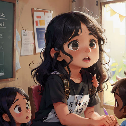 a group of children sitting around a table with a teacher in the background looking at a laptop screen with a surprised look on its face