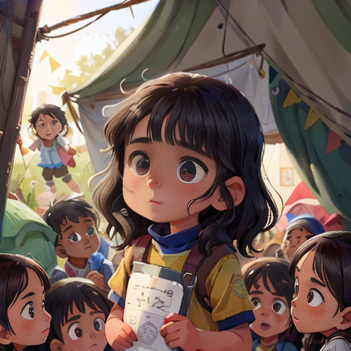 a group of children standing around each other in front of a tent with a girl holding a book in her hand