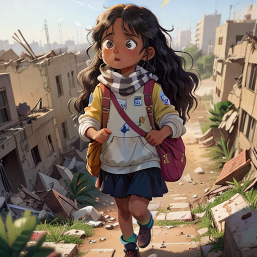 a girl with a backpack walking down a street in a city with buildings and debris on the ground and a bird flying overhead