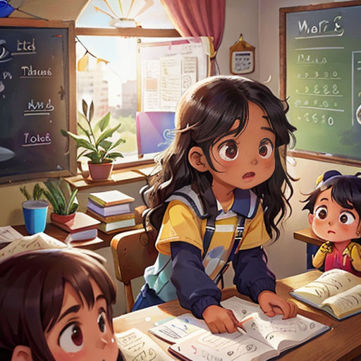 a group of children sitting at a desk in front of a chalkboard with a book on it and a chalkboard with numbers on it