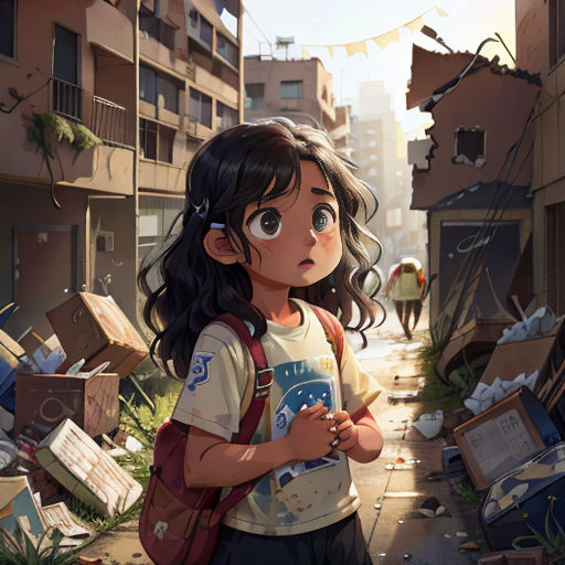 a young girl standing in a street with a backpack on her shoulder and a pile of junk in the background