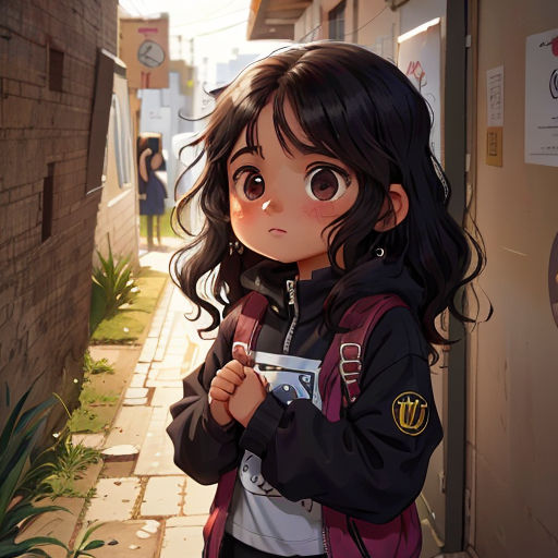 a girl standing on a sidewalk with her arms crossed and looking at the camera with a serious look on her face