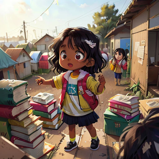 a girl pointing at a pile of books on a street corner with other children in the background and a pile of books on the ground