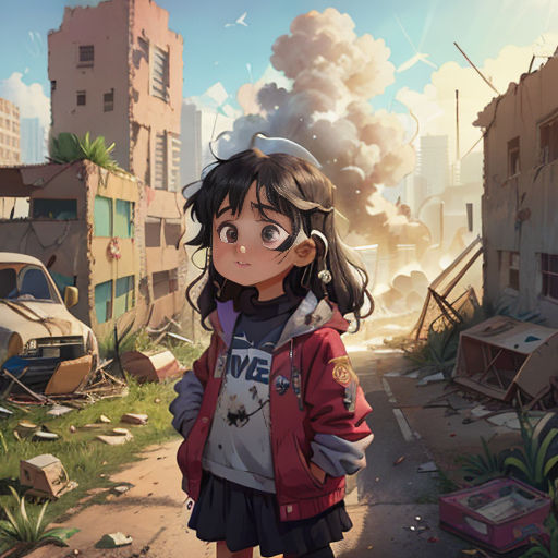 a girl standing in a street with a lot of smoke in the background and a building in the foreground