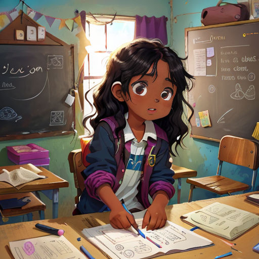 a girl sitting at a desk with a book and pencil in front of her and a blackboard with writing on it
