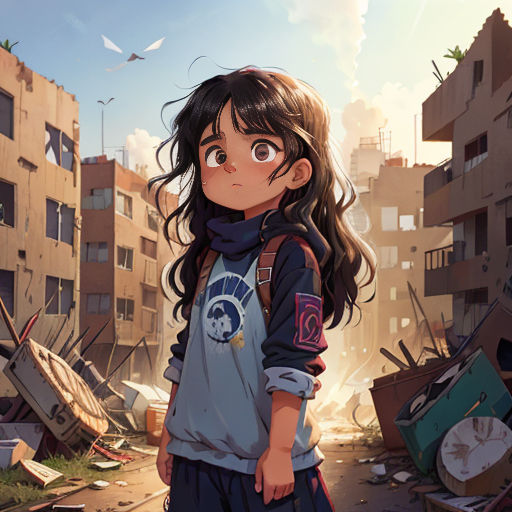 a girl standing in a destroyed city with a bird flying overhead in the background and a bird flying overhead