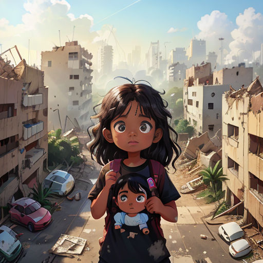 a little girl holding a baby in her arms in a city with a lot of buildings and cars in the background