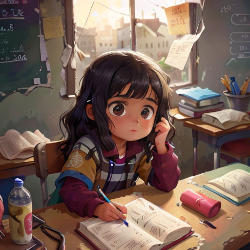 a girl sitting at a desk with a book and pen in her hand and a book in front of her
