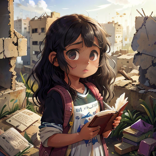 a girl reading a book in a destroyed city with a broken building in the background and a broken wall