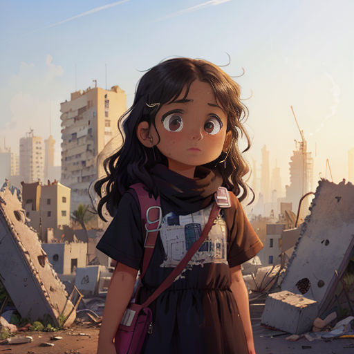 a girl with a camera in a destroyed city with buildings in the background and a sky line in the foreground