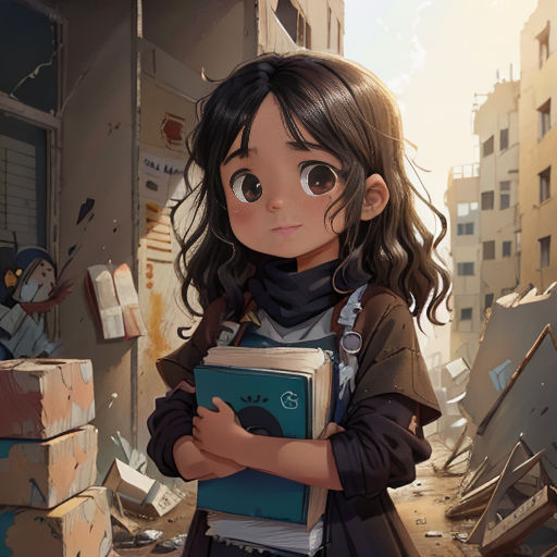 a girl holding a book in a messy area of a city with buildings and debris all around her,