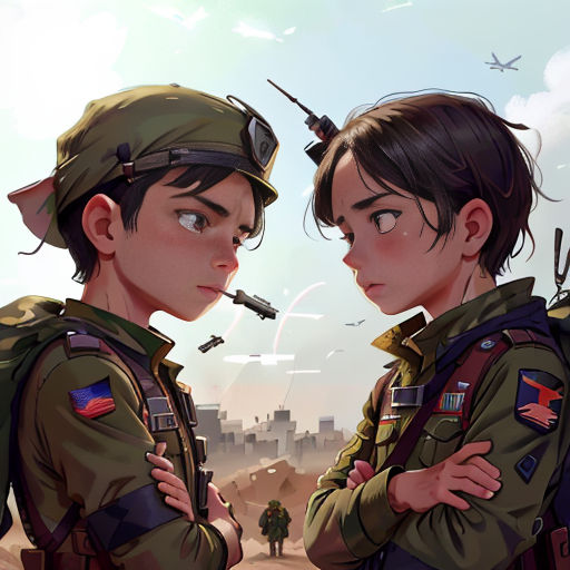 two people in military uniforms standing next to each other with a city in the background and a plane flying overhead