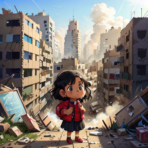 a girl standing in a destroyed city with a red jacket on and a red backpack on her shoulder and a red backpack on her shoulder