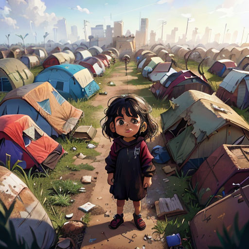a girl standing in front of a bunch of tents in a field with a city in the background and a sky in the background