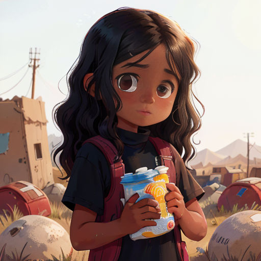 a girl holding a drink in a cartoon style with a desert background and a desert village in the background