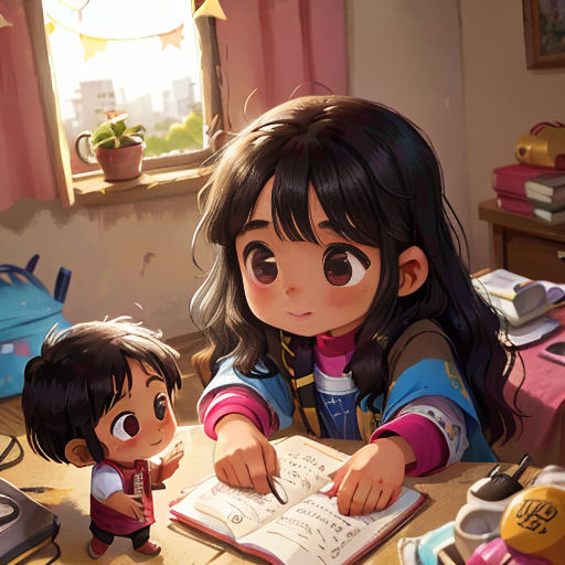 a girl and a boy are sitting at a table with a book and pen in front of them, and a window